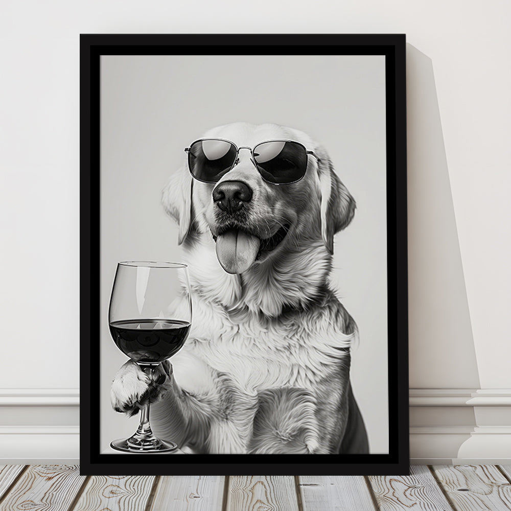 Labrador Holding Red Wine Framed Canvas Print Wall Art, Black and White, White Lab, Bar Cart Print, Kitchen Wall Decor