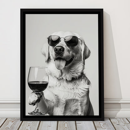 Labrador Holding Red Wine Framed Canvas Print Wall Art, Black and White, White Lab, Bar Cart Print, Kitchen Wall Decor