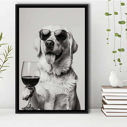 Labrador Holding Red Wine Framed Canvas Print Wall Art, Black and White, White Lab, Bar Cart Print, Kitchen Wall Decor