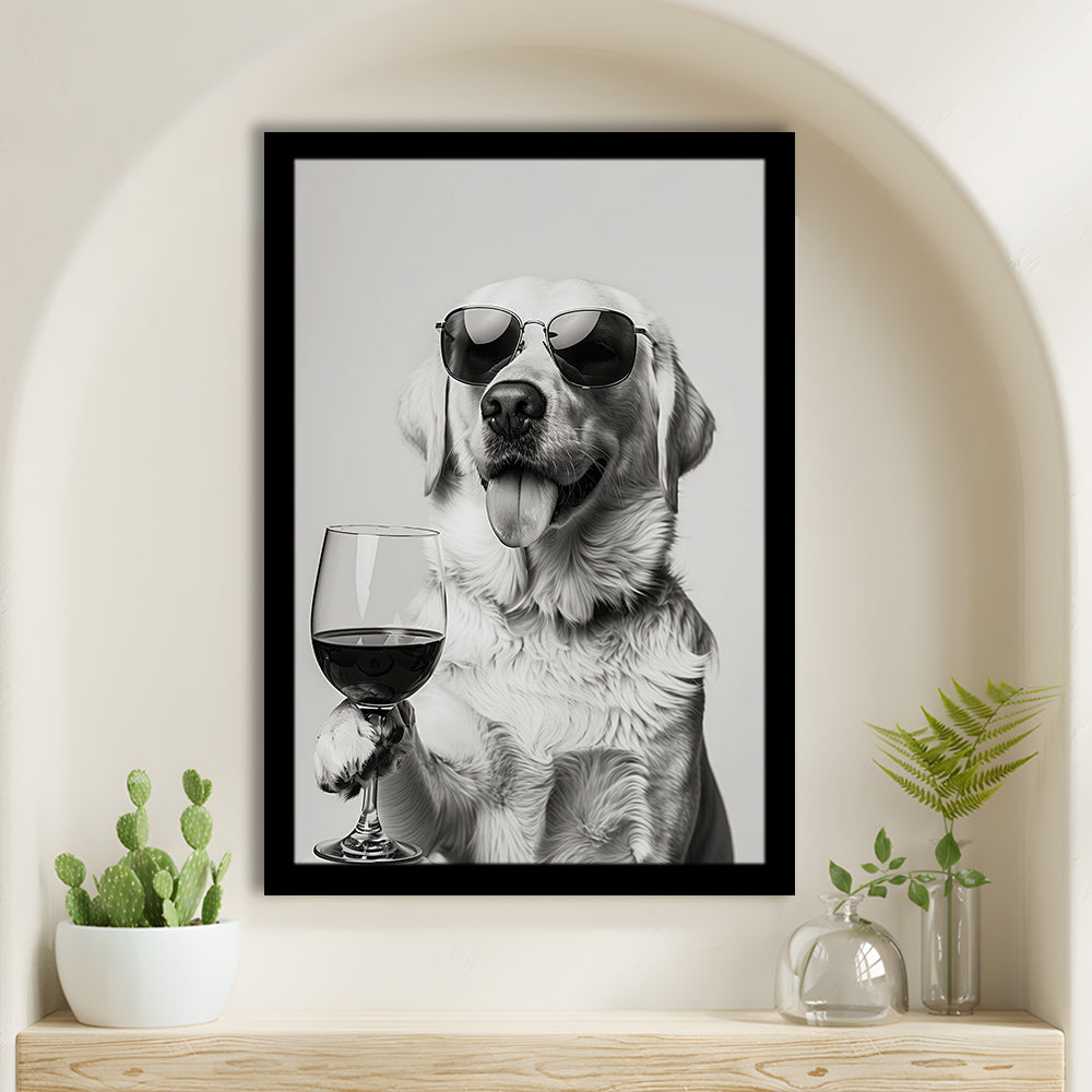 Labrador Holding Red Wine Framed Art Print Wall Decor, Black and White, White Lab, Bar Cart Print, Kitchen Wall Decor