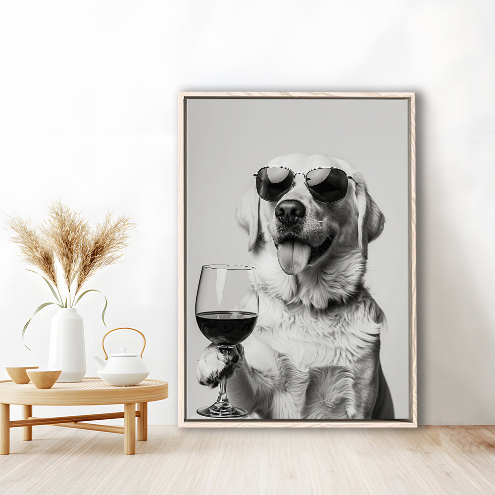 Labrador Holding Red Wine Framed Canvas Print Wall Art, Black and White, White Lab, Bar Cart Print, Kitchen Wall Decor