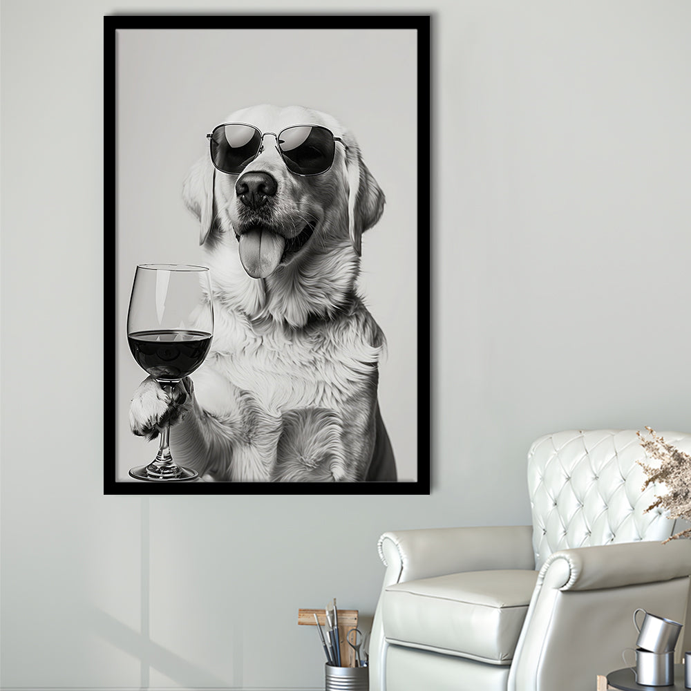 Labrador Holding Red Wine Framed Art Print Wall Decor, Black and White, White Lab, Bar Cart Print, Kitchen Wall Decor