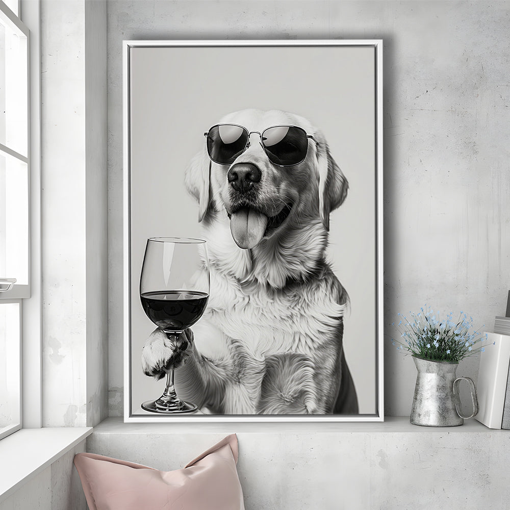 Labrador Holding Red Wine Framed Canvas Print Wall Art, Black and White, White Lab, Bar Cart Print, Kitchen Wall Decor