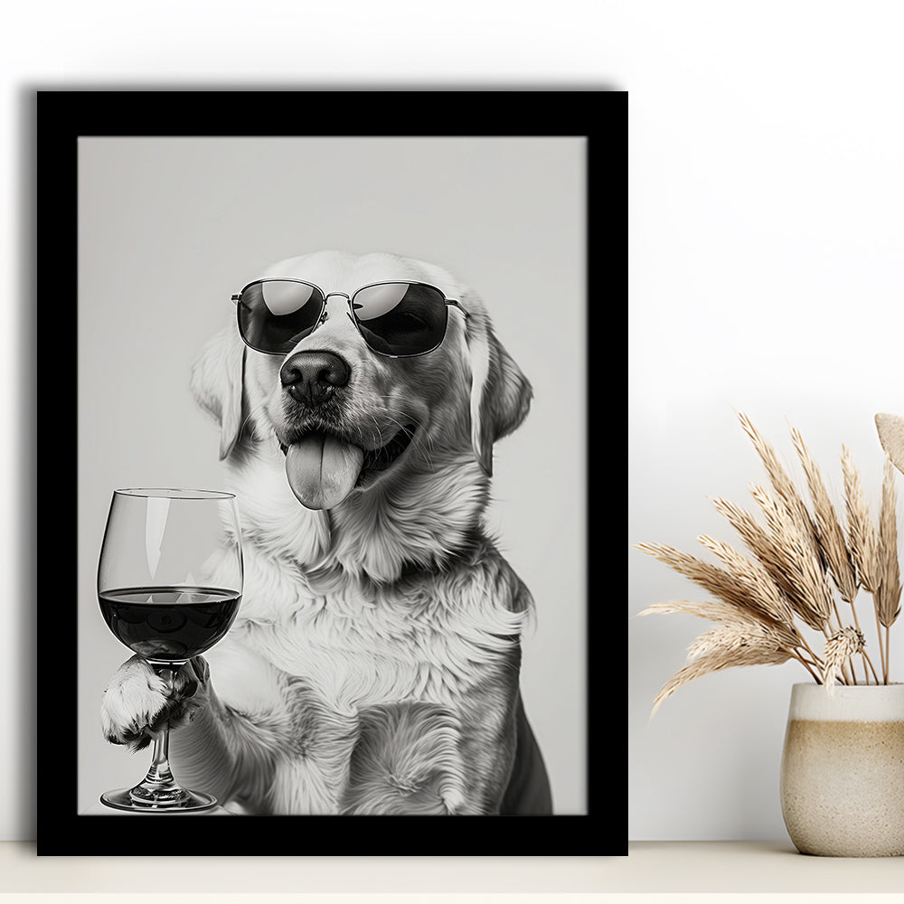 Labrador Holding Red Wine Framed Art Print Wall Decor, Black and White, White Lab, Bar Cart Print, Kitchen Wall Decor