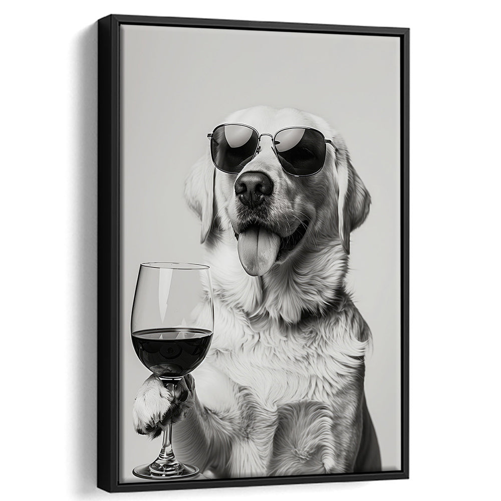 Labrador Holding Red Wine Framed Canvas Print Wall Art, Black and White, White Lab, Bar Cart Print, Kitchen Wall Decor
