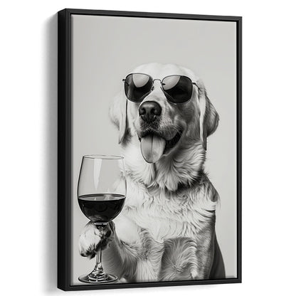 Labrador Holding Red Wine Framed Canvas Print Wall Art, Black and White, White Lab, Bar Cart Print, Kitchen Wall Decor