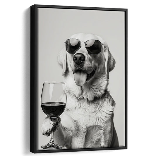 Labrador Holding Red Wine Framed Canvas Print Wall Art, Black and White, White Lab, Bar Cart Print, Kitchen Wall Decor