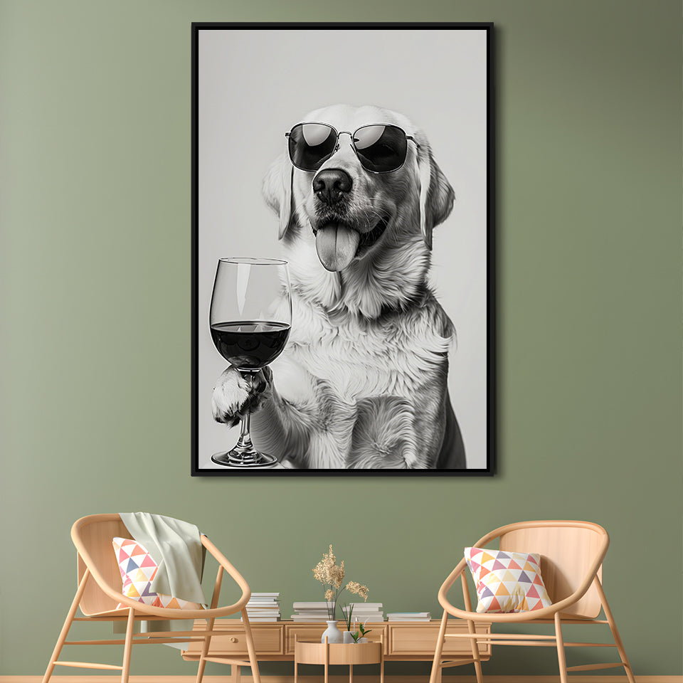 Labrador Holding Red Wine Framed Canvas Print Wall Art, Black and White, White Lab, Bar Cart Print, Kitchen Wall Decor