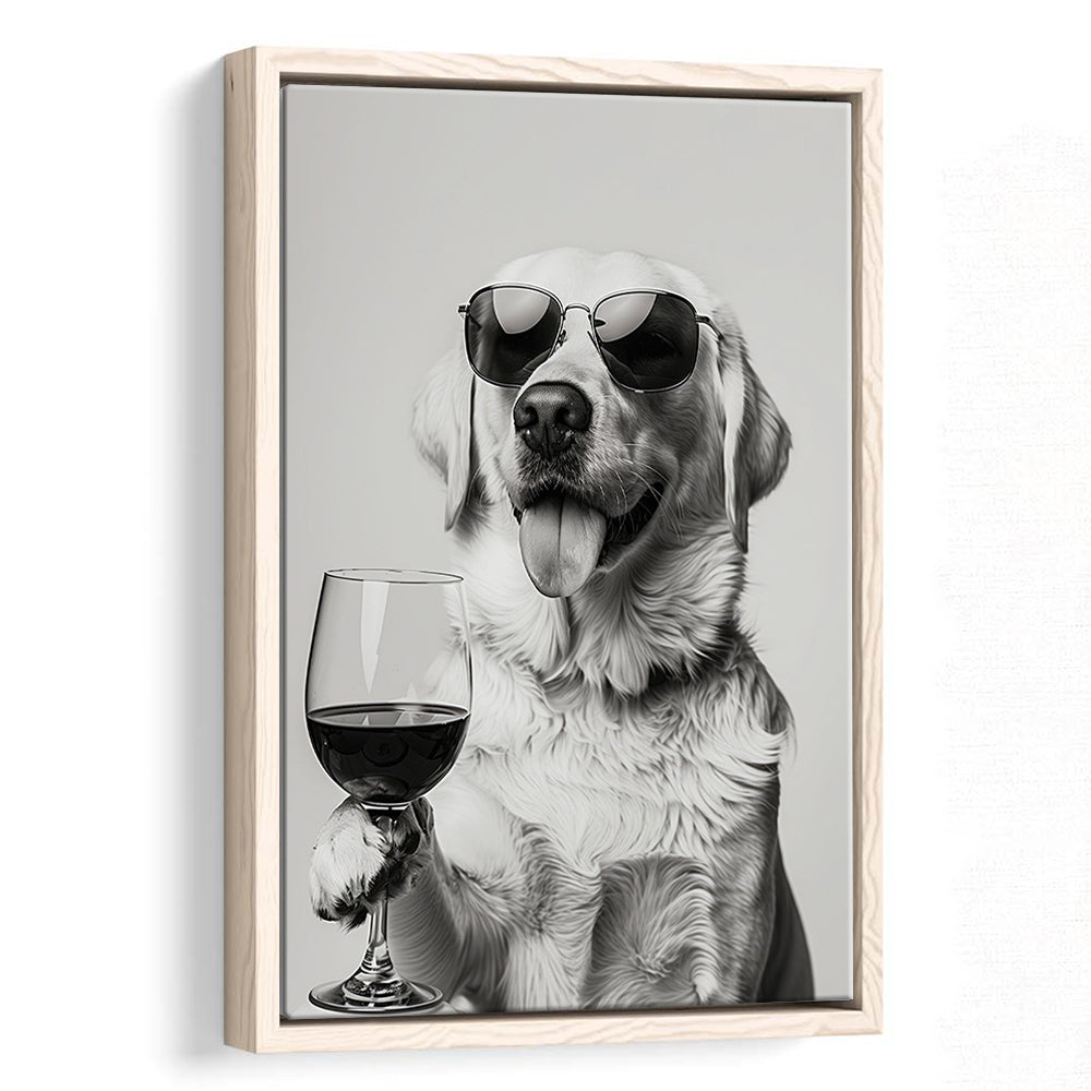 Labrador Holding Red Wine Framed Canvas Print Wall Art, Black and White, White Lab, Bar Cart Print, Kitchen Wall Decor