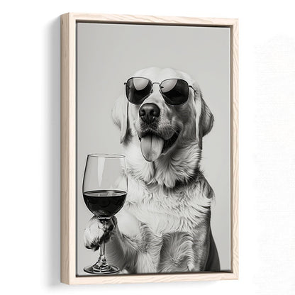 Labrador Holding Red Wine Framed Canvas Print Wall Art, Black and White, White Lab, Bar Cart Print, Kitchen Wall Decor