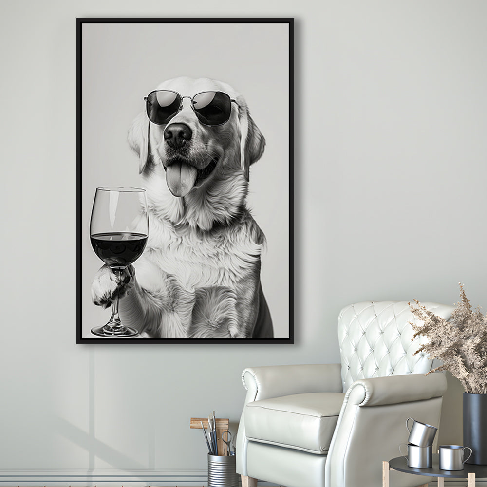Labrador Holding Red Wine Framed Canvas Print Wall Art, Black and White, White Lab, Bar Cart Print, Kitchen Wall Decor