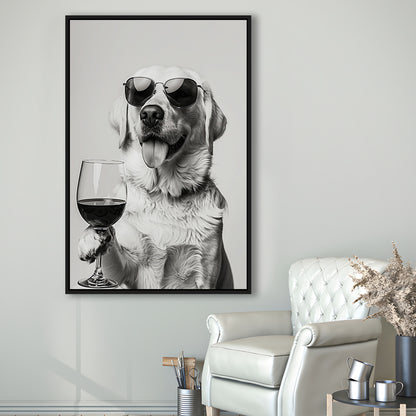 Labrador Holding Red Wine Framed Canvas Print Wall Art, Black and White, White Lab, Bar Cart Print, Kitchen Wall Decor