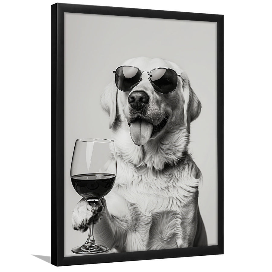 Labrador Holding Red Wine Framed Art Print Wall Decor, Black and White, White Lab, Bar Cart Print, Kitchen Wall Decor