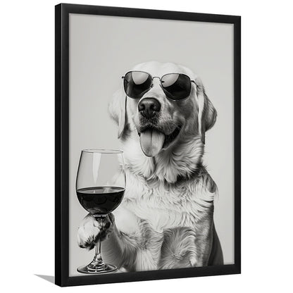 Labrador Holding Red Wine Framed Art Print Wall Decor, Black and White, White Lab, Bar Cart Print, Kitchen Wall Decor