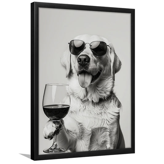 Labrador Holding Red Wine Framed Art Print Wall Decor, Black and White, White Lab, Bar Cart Print, Kitchen Wall Decor
