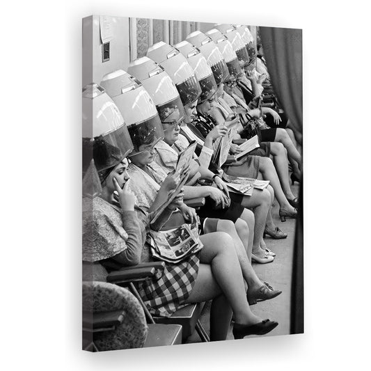 Ladies at Hair Salon Canvas Print Wall Art, Vintage Beauty Salon Decor, Black and White, Retro Hairstylist Wall Decor