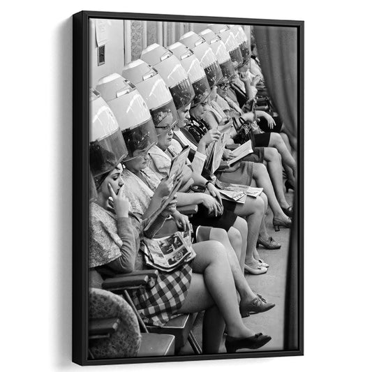 Ladies at Hair Salon Framed Canvas Print Wall Art, Vintage Beauty Salon Decor, Black and White, Retro Hairstylist Wall Decor