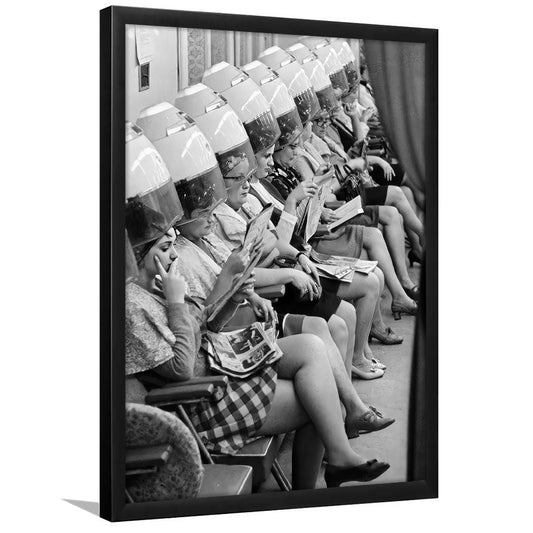 Ladies at Hair Salon Framed Art Print Wall Decor, Vintage Beauty Salon Decor, Black and White, Retro Hairstylist Wall Decor