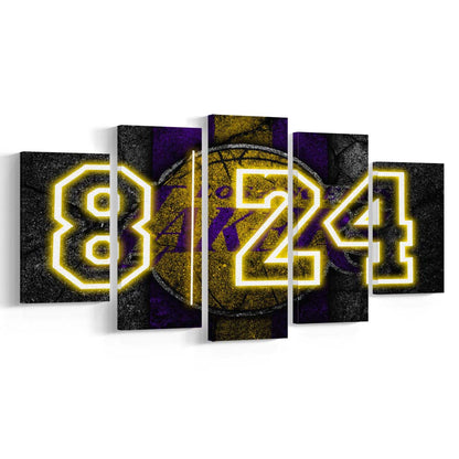 Lakers Los Angeles 8  24 Art Print, 5 Panel Mixed Canvas Print Wall Art, Home Decor, Neon Canvas