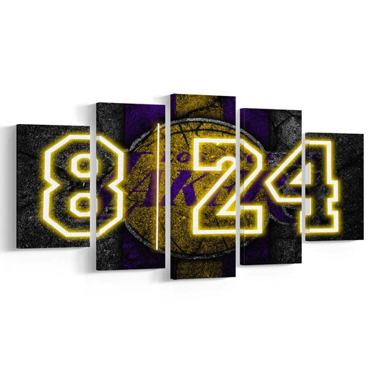 Lakers Los Angeles 8  24 Art Print, 5 Panel Mixed Canvas Print Wall Art, Home Decor, Neon Canvas