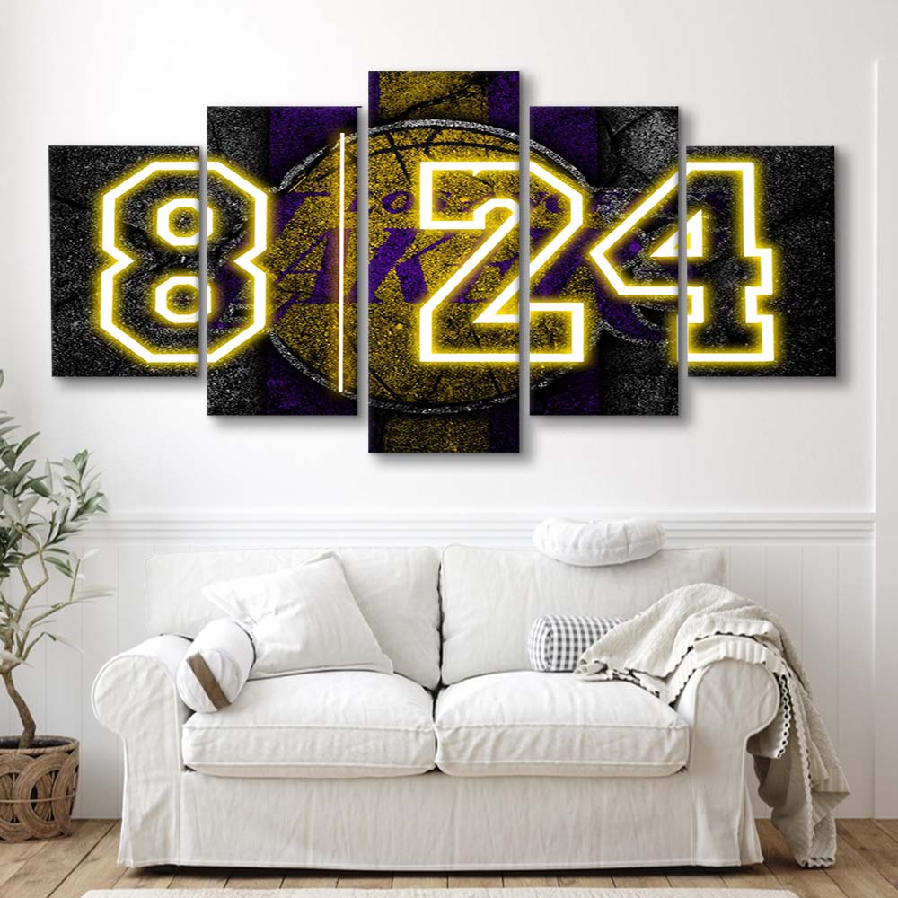 Lakers Los Angeles 8  24 Art Print, 5 Panel Mixed Canvas Print Wall Art, Home Decor, Neon Canvas