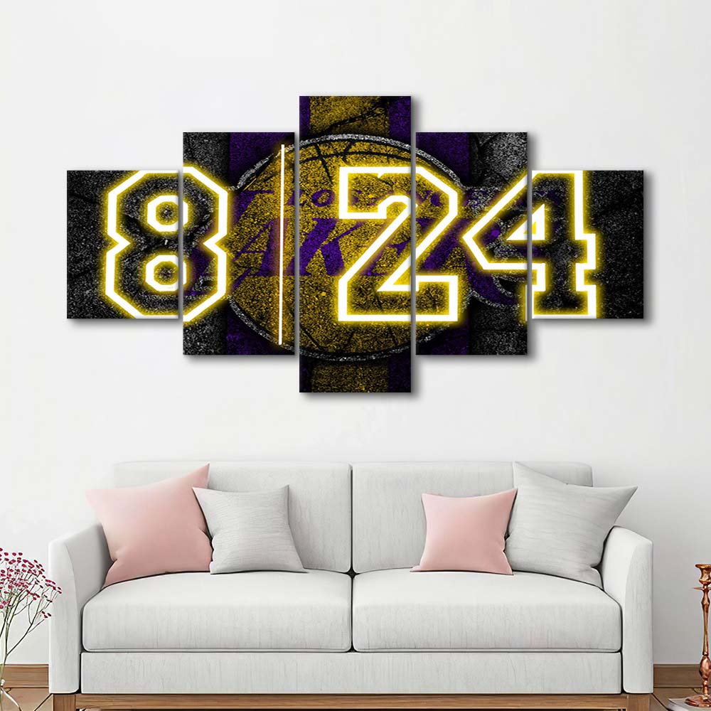 Lakers Los Angeles 8  24 Art Print, 5 Panel Mixed Canvas Print Wall Art, Home Decor, Neon Canvas