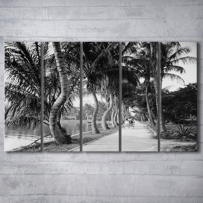 Lakeside Carriage Ride Florida Palm Tree Photo Black and White Art, 5 Pieces Large Canvas Print