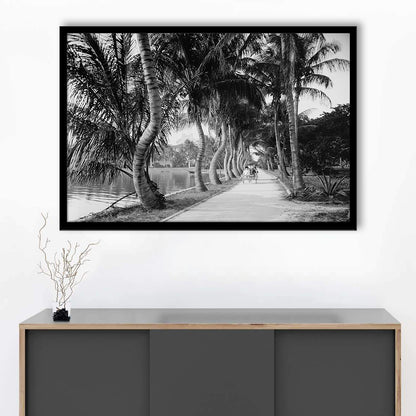 Lakeside Carriage Ride Florida Palm Tree Photo Black and White Art, Framed Art Print Wall Decor