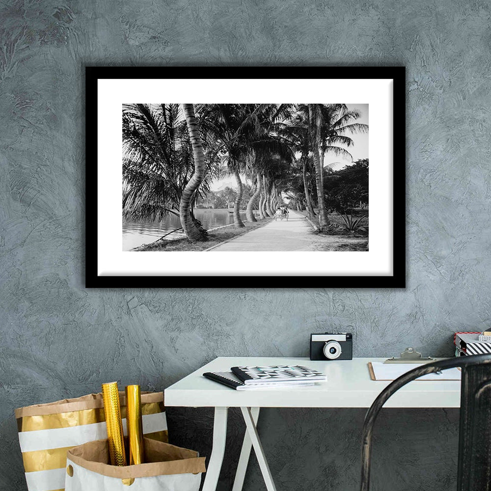 Lakeside Carriage Ride Florida Palm Tree Photo Black and White Art, Framed Art Print White Border Wall Decor