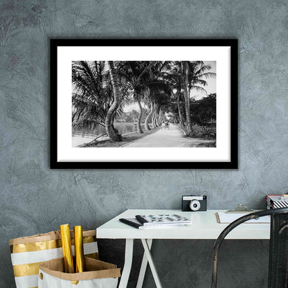 Lakeside Carriage Ride Florida Palm Tree Photo Black and White Art, Framed Art Print White Border Wall Decor