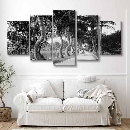 Lakeside Carriage Ride Florida Palm Tree Photo Black and White Art, Mixed 5 Pieces Canvas Print