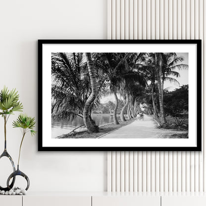 Lakeside Carriage Ride Florida Palm Tree Photo Black and White Art, Framed Art Print White Border Wall Decor