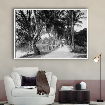 Lakeside Carriage Ride Florida Palm Tree Photo Black and White Art, Floating Framed Canvas Print