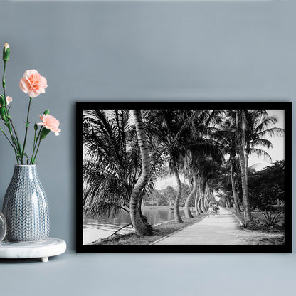 Lakeside Carriage Ride Florida Palm Tree Photo Black and White Art, Framed Art Print Wall Decor