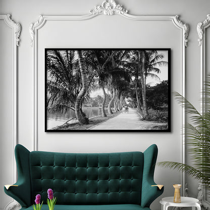 Lakeside Carriage Ride Florida Palm Tree Photo Black and White Art, Framed Art Print Wall Decor