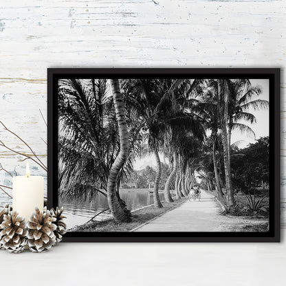 Lakeside Carriage Ride Florida Palm Tree Photo Black and White Art, Floating Framed Canvas Print