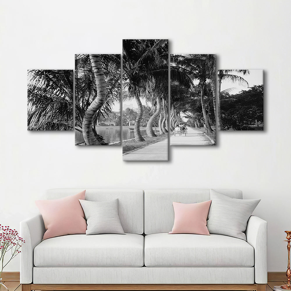 Lakeside Carriage Ride Florida Palm Tree Photo Black and White Art, Mixed 5 Pieces Canvas Print