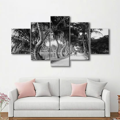 Lakeside Carriage Ride Florida Palm Tree Photo Black and White Art, Mixed 5 Pieces Canvas Print