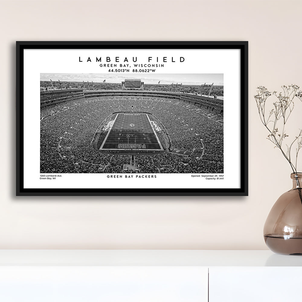 Lambeau Field Stadium Black And White, Green Bay Football Stadium Wall Art, Framed Canvas Print Wall Art