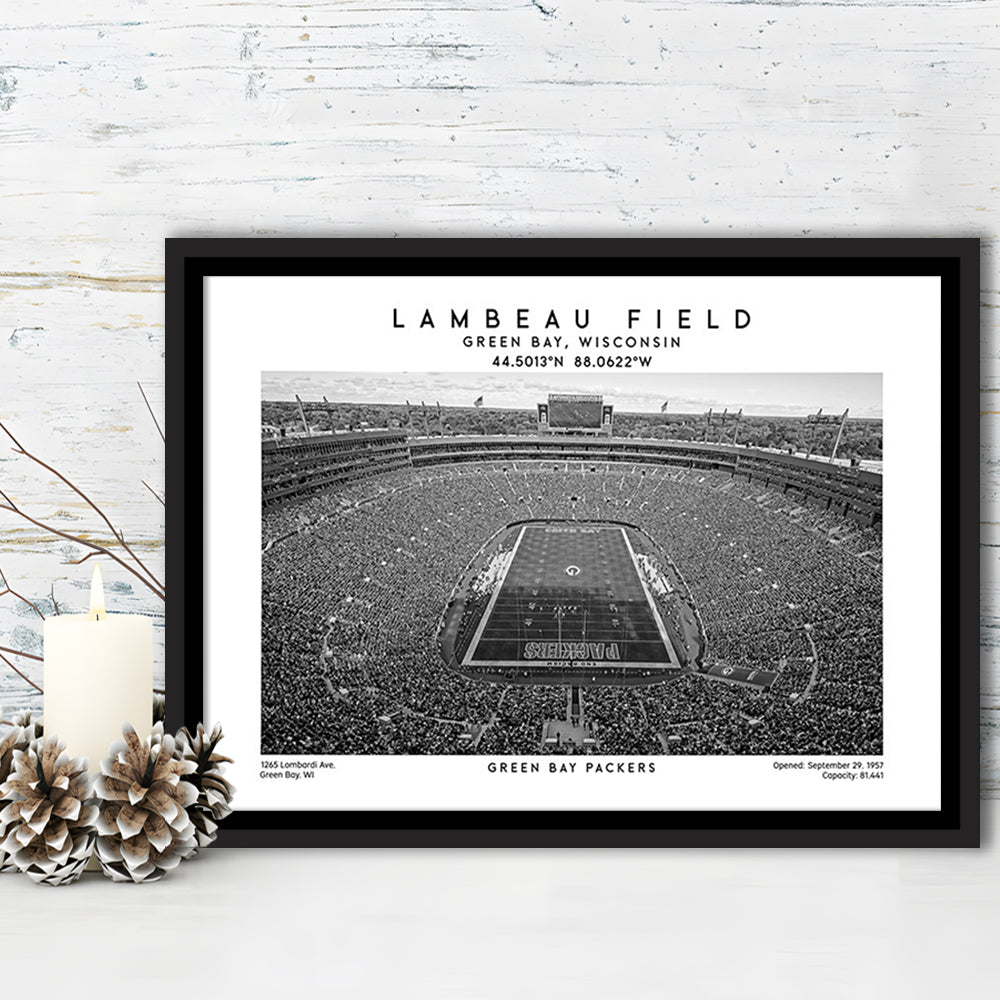 Lambeau Field Stadium Black And White, Green Bay Football Stadium Wall Art, Framed Canvas Print Wall Art