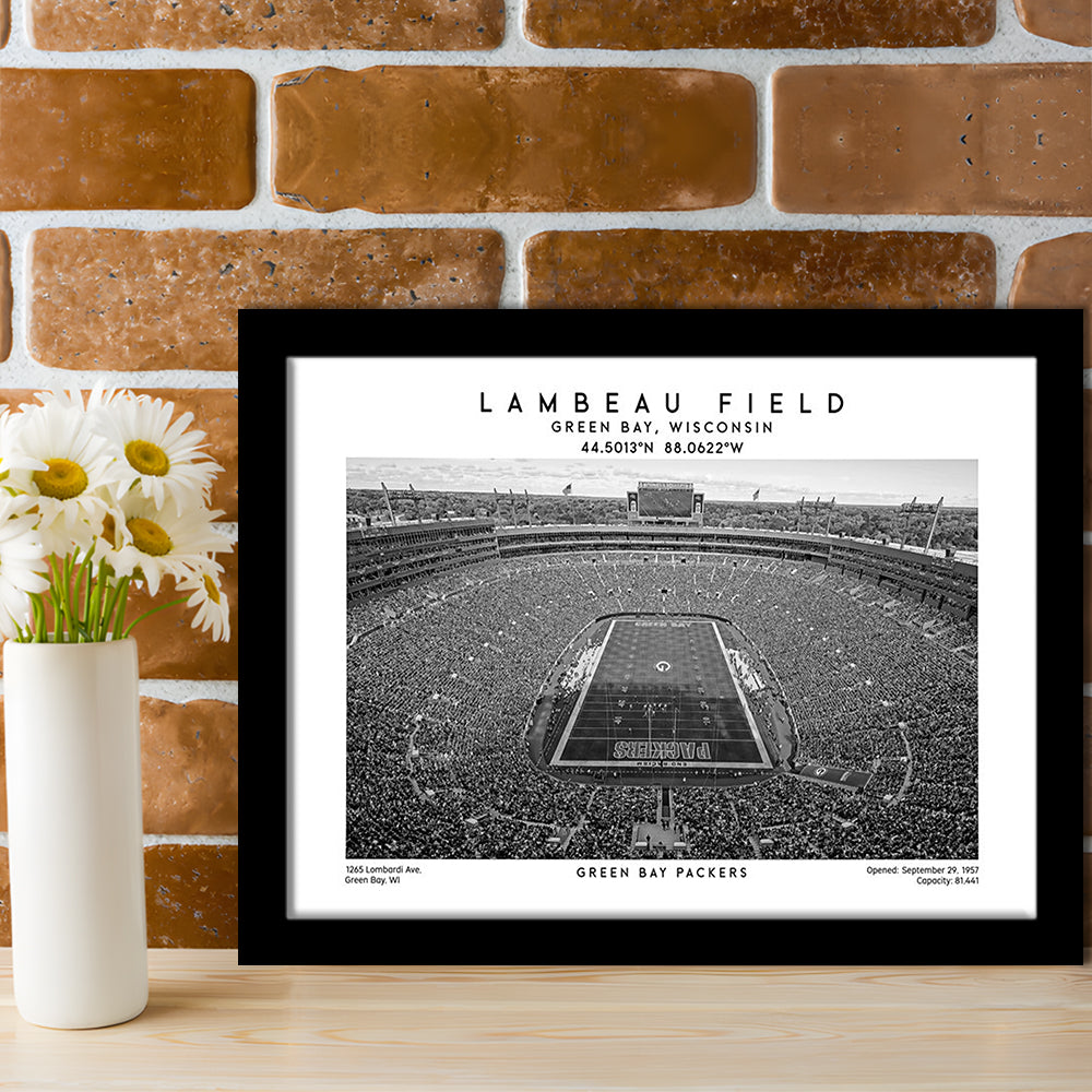Lambeau Field Stadium Black And White, Green Bay Football Stadium Wall Art, Framed Art Print Wall Decor