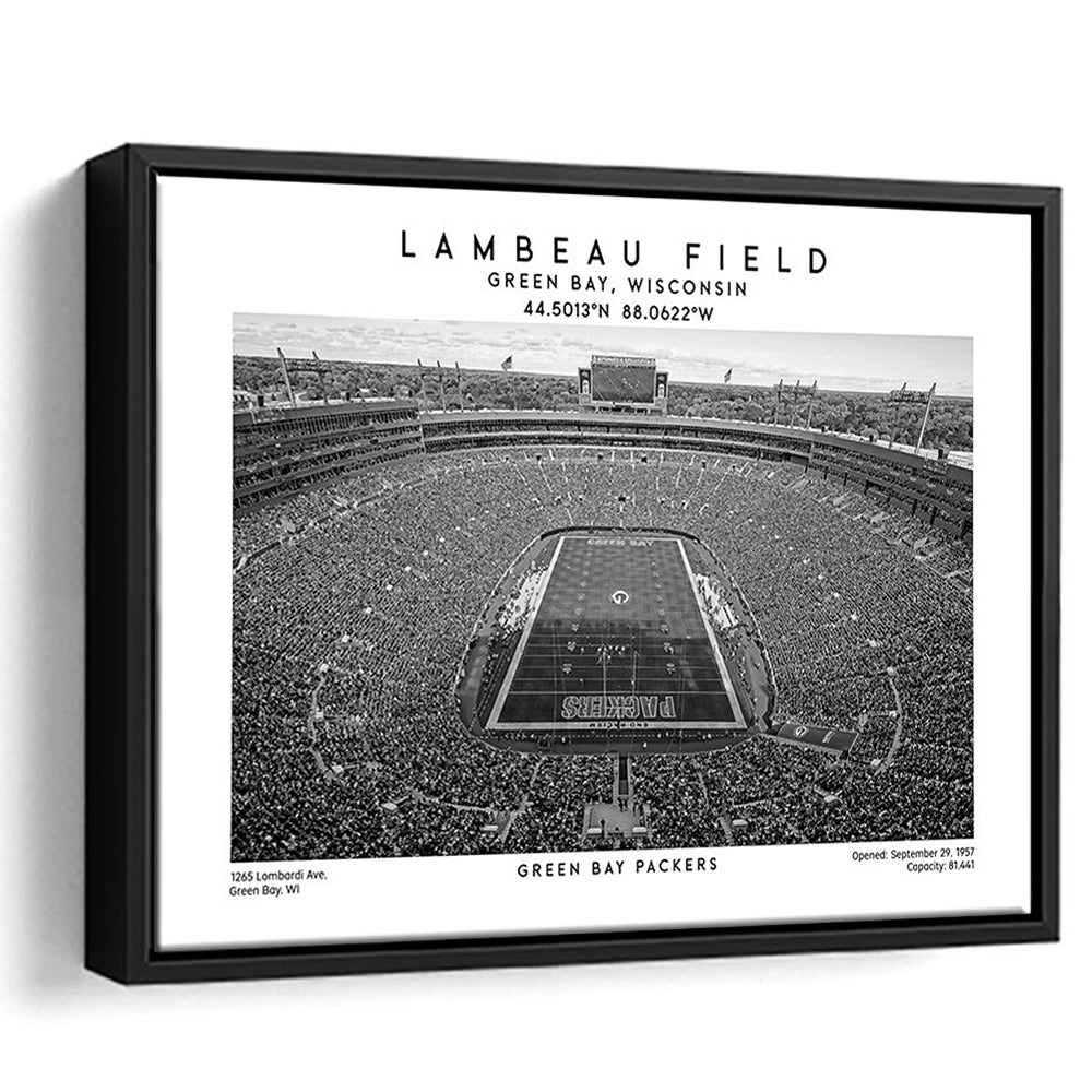 Lambeau Field Stadium Black And White, Green Bay Football Stadium Wall Art, Framed Canvas Print Wall Art