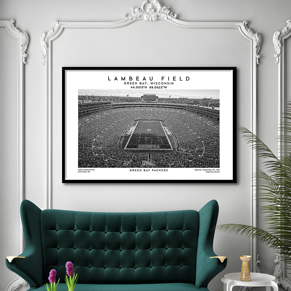 Lambeau Field Stadium Black And White, Green Bay Football Stadium Wall Art, Framed Art Print Wall Decor