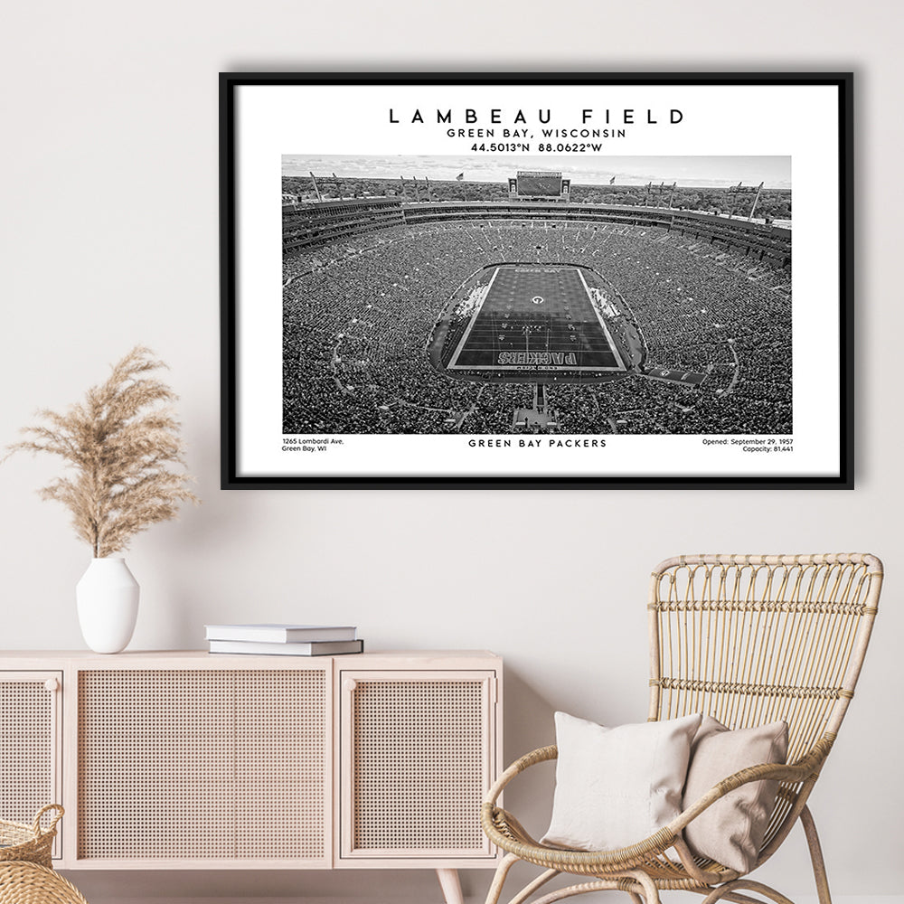 Lambeau Field Stadium Black And White, Green Bay Football Stadium Wall Art, Framed Canvas Print Wall Art