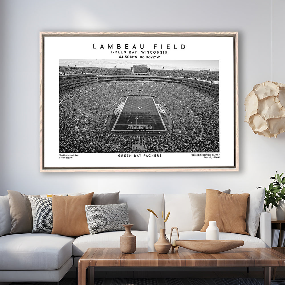 Lambeau Field Stadium Black And White, Green Bay Football Stadium Wall Art, Framed Canvas Print Wall Art