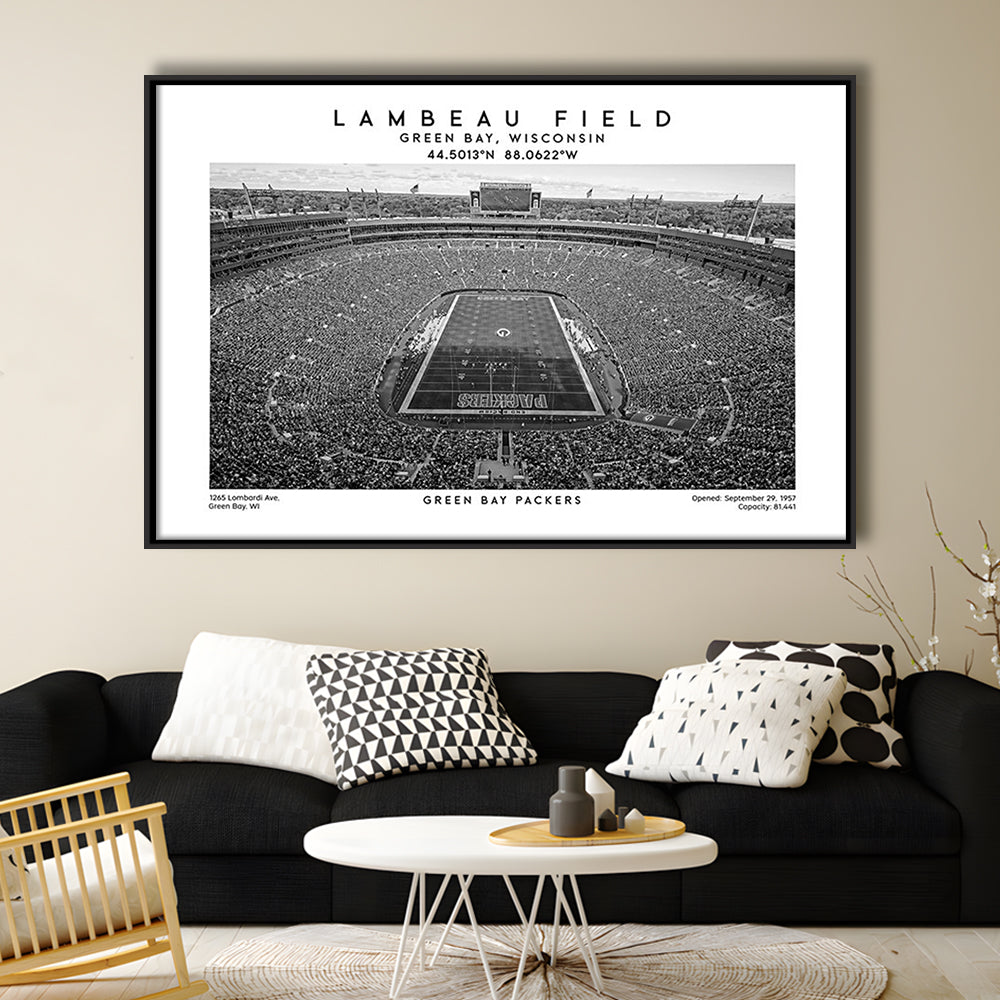 Lambeau Field Stadium Black And White, Green Bay Football Stadium Wall Art, Framed Canvas Print Wall Art