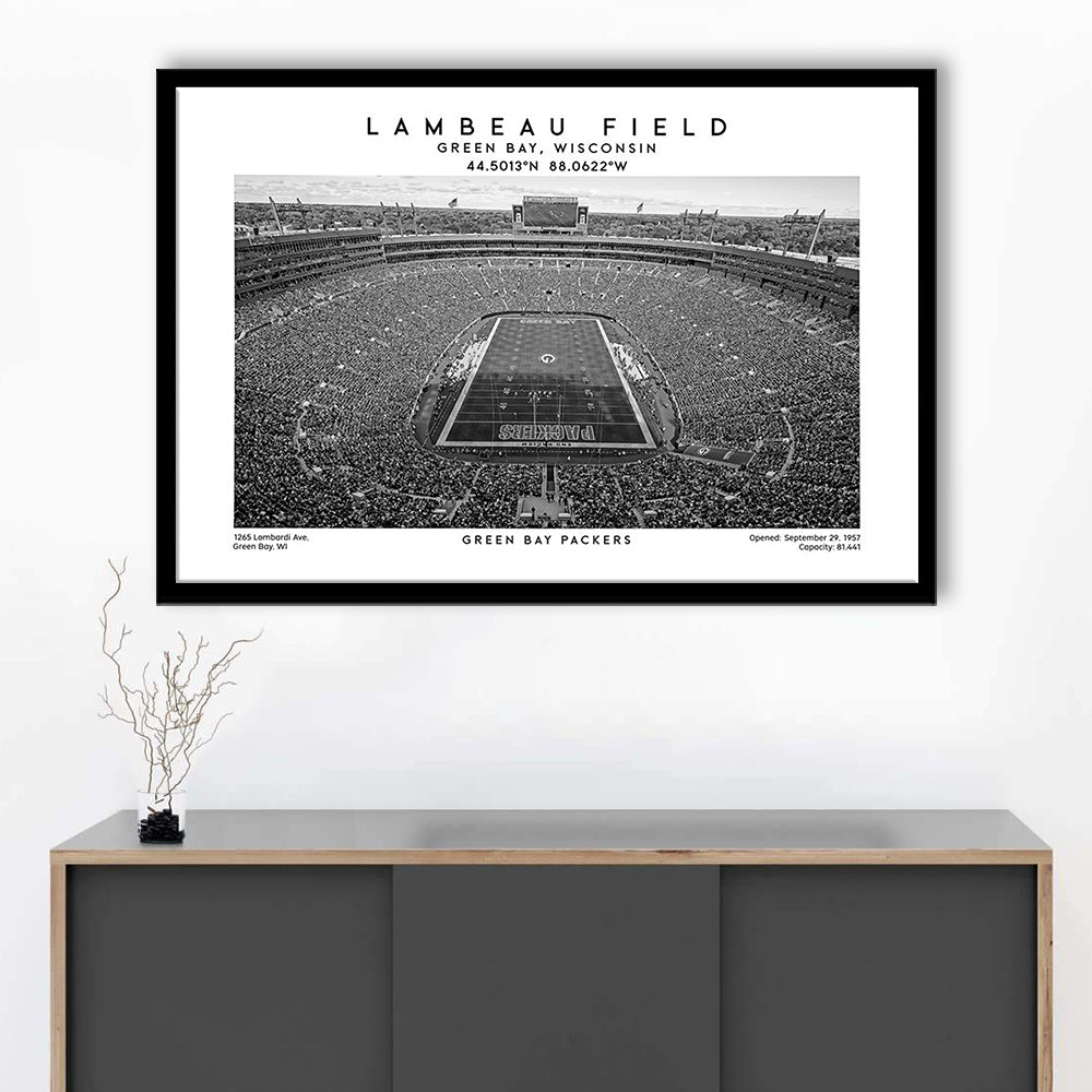 Lambeau Field Stadium Black And White, Green Bay Football Stadium Wall Art, Framed Art Print Wall Decor