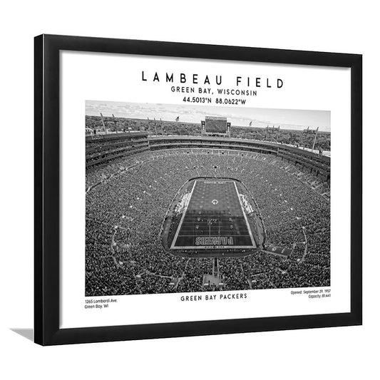 Lambeau Field Stadium Black And White, Green Bay Football Stadium Wall Art, Framed Art Print Wall Decor