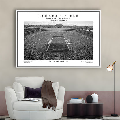 Lambeau Field Stadium Black And White, Green Bay Football Stadium Wall Art, Framed Canvas Print Wall Art