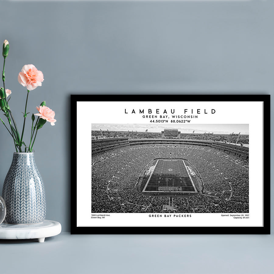 Lambeau Field Stadium Black And White, Green Bay Football Stadium Wall Art, Framed Art Print Wall Decor